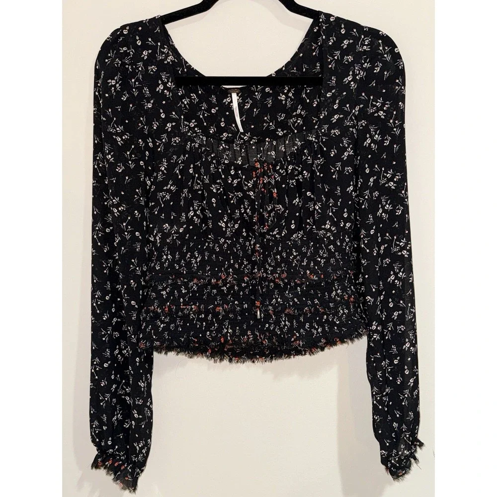 Free‎ People Lolita Floral Smocked Blouse L Black Cottage Peasant Top Semi Sheer